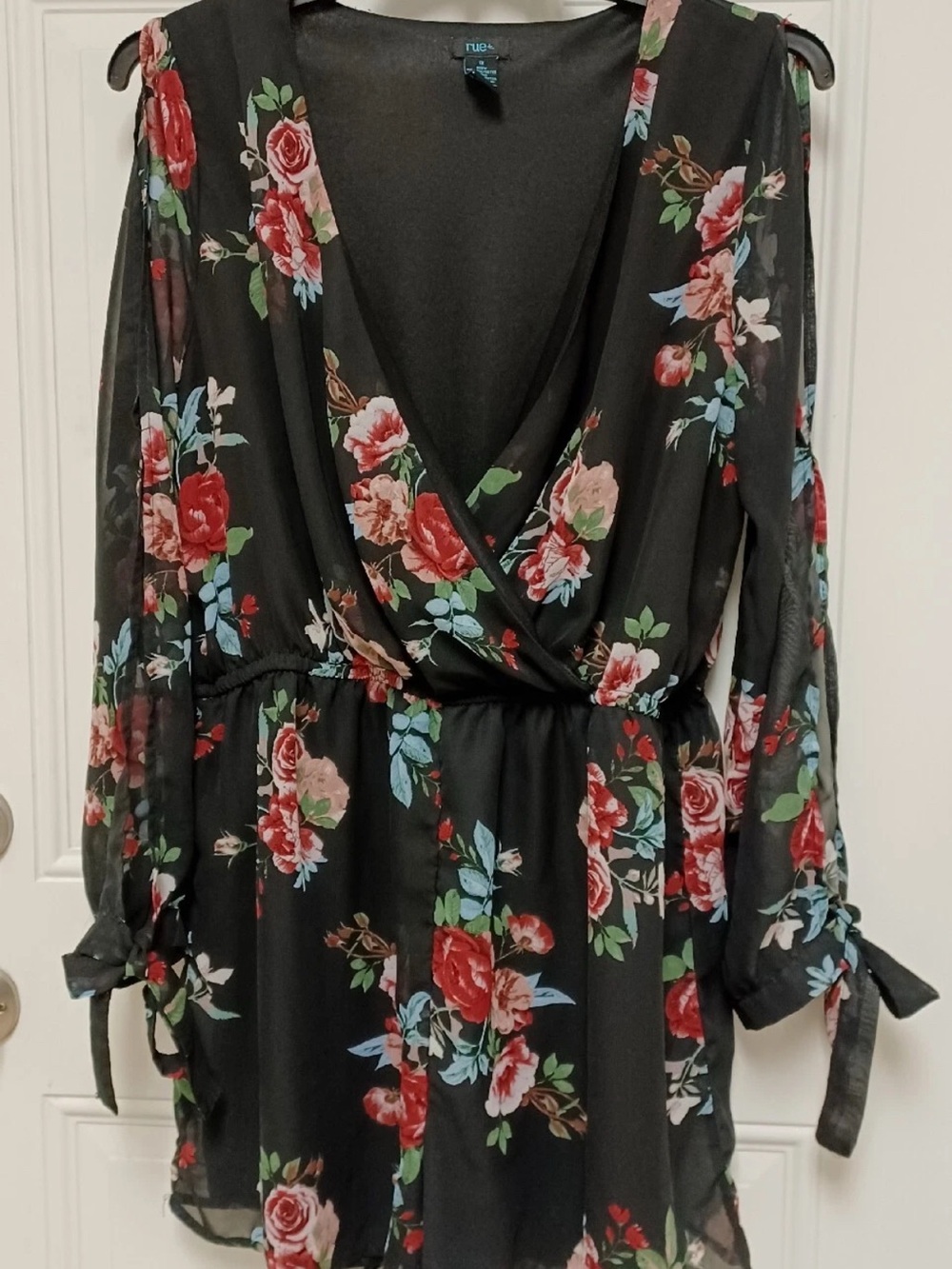 Rue21 Black Floral Surplice Romper with Red & Pink Roses